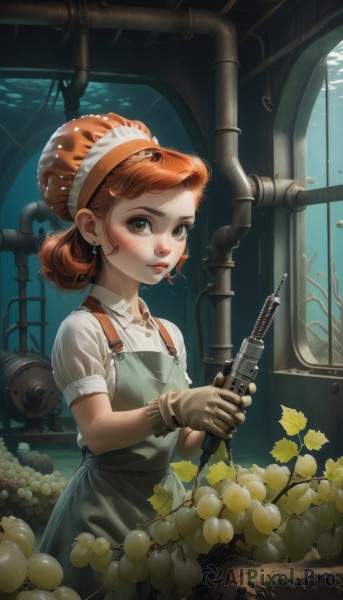 1girl,solo,looking at viewer,short hair,brown hair,shirt,gloves,dress,holding,brown eyes,jewelry,white shirt,weapon,short sleeves,hairband,earrings,food,puffy sleeves,indoors,hair bun,holding weapon,orange hair,apron,puffy short sleeves,lips,gun,fruit,single hair bun,holding gun,brown gloves,handgun,freckles,fish,overalls,potato,blush,standing,red hair,collared shirt,leaf,underwater,lemon