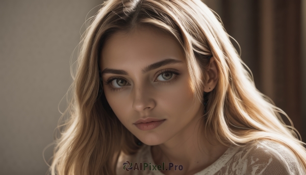 1girl,solo,long hair,looking at viewer,blonde hair,brown hair,shirt,brown eyes,closed mouth,white shirt,mole,blurry,lips,eyelashes,blurry background,portrait,forehead,freckles,realistic,nose,mole on cheek,jewelry,earrings,artist name,depth of field,wavy hair,thick eyebrows,close-up