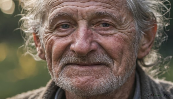 solo,looking at viewer,1boy,closed mouth,white hair,male focus,blurry,grey eyes,blurry background,facial hair,portrait,beard,close-up,realistic,mustache,manly,old,old man,wrinkled skin,smile,grey hair,signature,depth of field,scar,scar on face,nose,scar across eye,bokeh