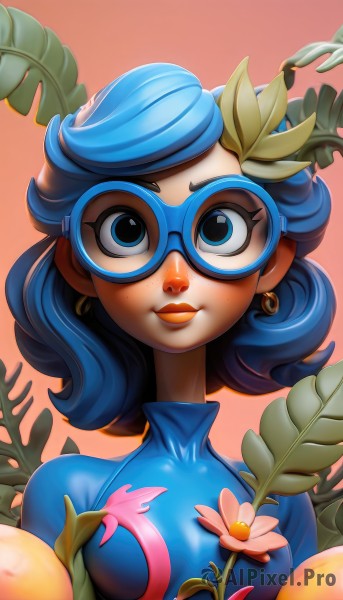 1girl,solo,breasts,looking at viewer,smile,short hair,blue eyes,hair ornament,holding,jewelry,medium breasts,closed mouth,blue hair,upper body,flower,earrings,small breasts,glasses,lips,gradient,gradient background,eyelashes,bodysuit,makeup,leaf,plant,lipstick,eyeshadow,freckles,food,fruit,nose