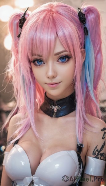 1girl,solo,long hair,breasts,looking at viewer,smile,bangs,blue eyes,hair ornament,gloves,cleavage,bare shoulders,twintails,medium breasts,closed mouth,blue hair,collarbone,upper body,pink hair,sidelocks,multicolored hair,choker,elbow gloves,shiny,artist name,blurry,collar,two-tone hair,two side up,lips,eyelashes,tattoo,makeup,depth of field,blurry background,corset,pink lips,realistic,nose,mascara,bra,detached collar