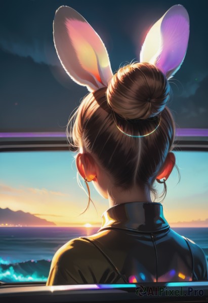 1girl,solo,short hair,brown hair,animal ears,jewelry,jacket,upper body,sidelocks,earrings,outdoors,sky,cloud,water,hair bun,from behind,rabbit ears,black jacket,fake animal ears,ocean,single hair bun,lens flare,backlighting,sunset,mouse ears,sun,horizon,facing away,nape,sunrise,artist name,headphones,sunlight,extra ears,rabbit girl,earphones,earclip,neon lights