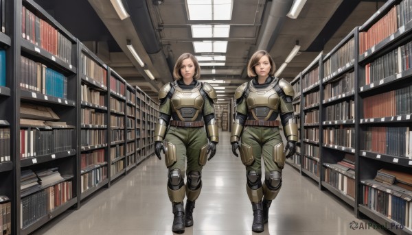 looking at viewer,short hair,multiple girls,brown hair,gloves,2girls,brown eyes,standing,full body,boots,belt,pants,indoors,armor,uniform,lips,book,military,shoulder armor,walking,pauldrons,breastplate,bookshelf,knee pads,green pants,library,blonde hair,bodysuit,science fiction,realistic,pilot suit,spacesuit