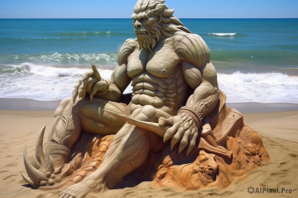 solo,1boy,holding,sitting,nipples,full body,weapon,male focus,outdoors,sky,day,artist name,water,blue sky,muscular,colored skin,facial hair,ocean,watermark,beach,abs,pectorals,muscular male,bara,claws,beard,sand,no humans,monster,loincloth,extra arms,statue,sand sculpture