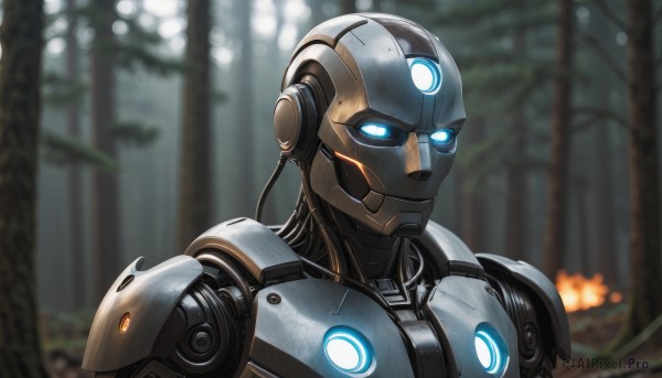 solo,blue eyes,1boy,upper body,male focus,outdoors,armor,blurry,tree,depth of field,blurry background,glowing,fire,robot,nature,glowing eyes,forest,science fiction,android,power armor,humanoid robot,no humans,portrait,mecha,cable,looking ahead