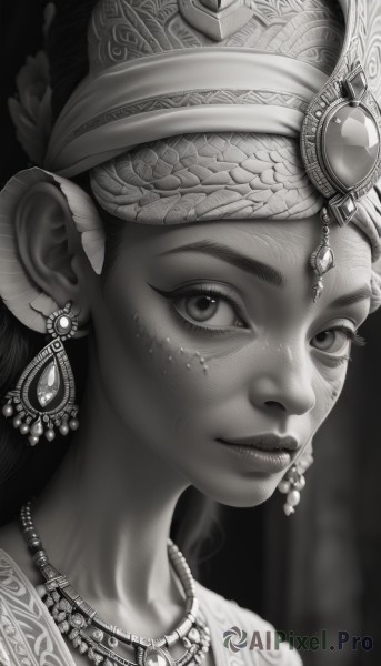 1girl,solo,long hair,looking at viewer,smile,jewelry,closed mouth,monochrome,greyscale,earrings,dark skin,necklace,blurry,dark-skinned female,lips,eyelashes,feathers,gem,portrait,freckles,realistic,nose,headdress,tribal,blurry background