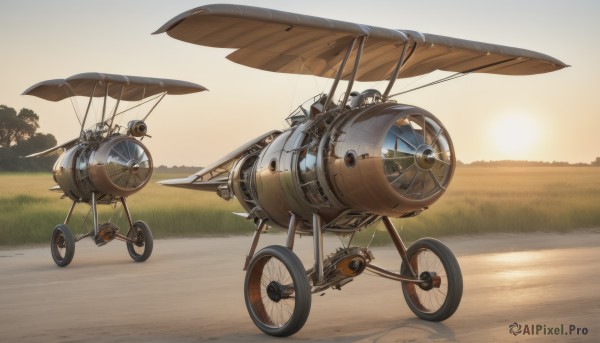 outdoors,sky,tree,military,no humans,grass,scenery,flying,science fiction,sunset,aircraft,sun,airplane,vehicle focus,desert,wheel,propeller,1girl,black hair,multiple boys,goggles