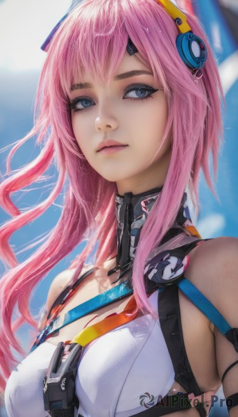 1girl,solo,long hair,breasts,looking at viewer,bangs,blue eyes,bare shoulders,medium breasts,closed mouth,upper body,pink hair,sky,day,artist name,blurry,lips,wet,makeup,blurry background,headgear,realistic,strap,hair ornament,eyelashes,expressionless,portrait,eyeshadow,science fiction,pink lips