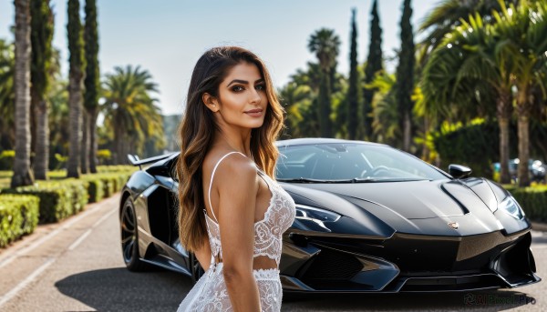 1girl,solo,long hair,breasts,looking at viewer,smile,brown hair,black hair,dress,brown eyes,medium breasts,underwear,outdoors,day,dark skin,white dress,blurry,from side,dark-skinned female,tree,lips,blurry background,ground vehicle,lace,motor vehicle,realistic,nose,palm tree,car,road,vehicle focus,photo background,sports car