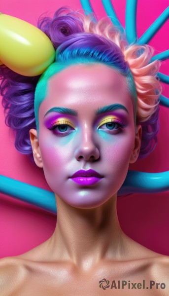 1girl,solo,looking at viewer,short hair,blue eyes,simple background,hair ornament,bare shoulders,closed mouth,blue hair,collarbone,pink hair,purple hair,nude,multicolored hair,lips,eyelashes,makeup,pink background,lipstick,portrait,eyeshadow,realistic,nose,eyeliner,purple lips,mascara,blue eyeshadow,purple eyeshadow,blonde hair,upper body,artist name,gradient hair,colored skin,watermark,rainbow hair