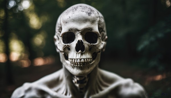 solo,looking at viewer,1boy,collarbone,upper body,male focus,teeth,blurry,no humans,depth of field,blurry background,portrait,skull,realistic,bald,skeleton,bokeh,horror (theme),no eyes