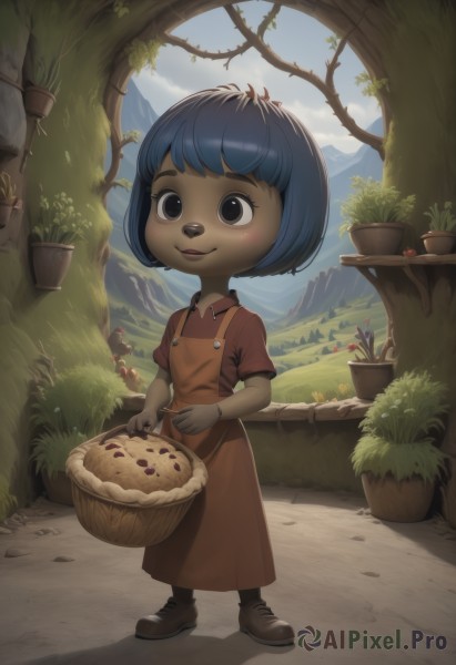 1girl,solo,blush,smile,short hair,open mouth,bangs,shirt,dress,holding,animal ears,blue hair,standing,full body,flower,short sleeves,boots,outdoors,food,sky,day,collared shirt,artist name,cloud,signature,black footwear,black eyes,apron,tree,blue sky,fruit,red dress,bob cut,grass,plant,red shirt,child,furry,mountain,furry female,basket,female child,potted plant,brown dress,vines,mountainous horizon,holding basket,red apron,brown apron,gloves,shoes