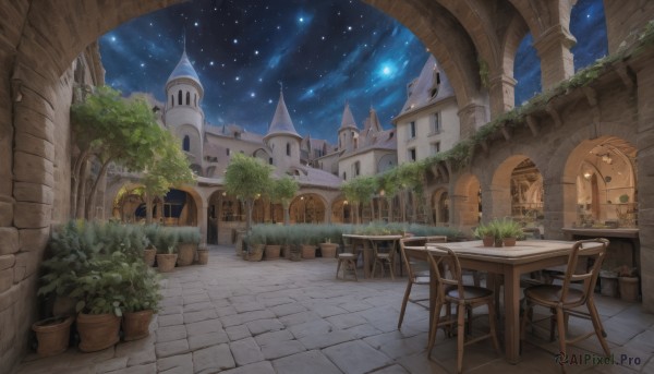 outdoors,sky,cloud,tree,no humans,window,night,chair,moon,table,plant,building,star (sky),night sky,scenery,starry sky,stairs,fantasy,door,potted plant,pillar,arch,balcony,castle,pavement