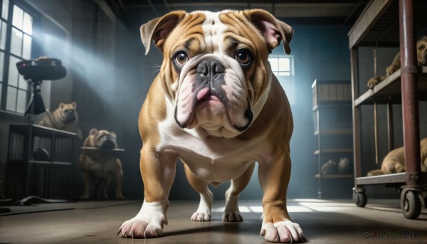 HQ,brown eyes,standing,day,indoors,no humans,window,animal,sunlight,claws,dog,light rays,realistic,animal focus,horror (theme),looking at viewer,tongue