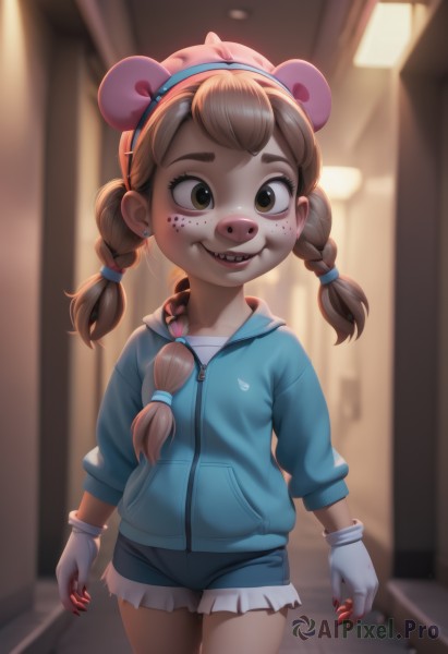 1girl,solo,long hair,looking at viewer,smile,open mouth,brown hair,gloves,hat,animal ears,twintails,brown eyes,jewelry,jacket,braid,cowboy shot,hairband,earrings,shorts,teeth,indoors,white gloves,hood,fingerless gloves,blurry,twin braids,short shorts,blood,hoodie,blurry background,denim,furry,freckles,denim shorts,mouse ears,female child,bear ears,blood on hands,horror (theme),hallway,buck teeth,bangs,standing,fingernails,zipper