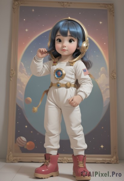 1girl,solo,long hair,looking at viewer,black hair,long sleeves,brown eyes,blue hair,standing,full body,boots,star (symbol),black eyes,lips,headphones,red footwear,child,star (sky),reflection,mirror,realistic,female child,space,planet,american flag,spacesuit,shoes,overalls