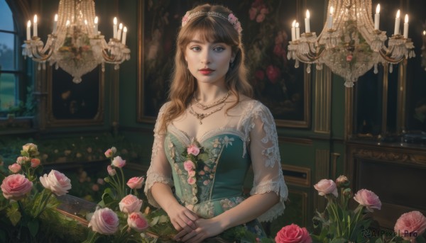 1girl,solo,long hair,breasts,looking at viewer,bangs,blue eyes,brown hair,hair ornament,dress,cleavage,brown eyes,jewelry,medium breasts,upper body,flower,earrings,parted lips,indoors,hair flower,necklace,mole,lips,see-through,window,makeup,rose,floral print,own hands together,plant,lipstick,pink flower,green dress,mole on breast,realistic,red lips,candle,pink rose,candlestand,candlelight,holding,sitting,night,ring,holding flower,see-through sleeves