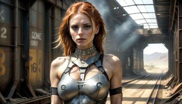 HQ,1girl,solo,long hair,breasts,looking at viewer,blue eyes,large breasts,brown hair,cleavage,bare shoulders,medium breasts,upper body,parted lips,teeth,day,orange hair,armor,collar,lips,sunlight,science fiction,realistic,dirty,short hair,sweat,choker,armband,armlet,light rays