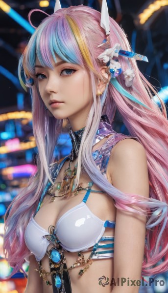 1girl,solo,long hair,breasts,looking at viewer,bangs,blue eyes,blonde hair,hair ornament,cleavage,bare shoulders,jewelry,medium breasts,closed mouth,underwear,blue hair,swimsuit,upper body,pink hair,flower,ahoge,sidelocks,bikini,multicolored hair,earrings,parted lips,shiny,hair flower,necklace,bra,blurry,two-tone hair,lips,streaked hair,makeup,blurry background,white bikini,gem,bikini top only,white bra,realistic,nose,small breasts,signature,from side,eyelashes,headgear,expressionless