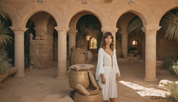 1girl,solo,long hair,breasts,brown hair,long sleeves,dress,cleavage,brown eyes,jewelry,medium breasts,standing,dark skin,necklace,white dress,dark-skinned female,tree,lips,plant,scenery,robe,pillar,statue,arch,column,black hair,earrings,sunlight,potted plant