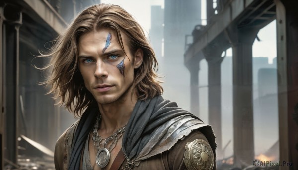 HQ,solo,looking at viewer,blue eyes,blonde hair,brown hair,1boy,jewelry,closed mouth,upper body,male focus,medium hair,necklace,cape,armor,blurry,lips,tattoo,facial hair,scar,facial mark,building,city,realistic,ruins,facial tattoo,outdoors,glowing,fire,third eye,portrait,beard,stubble,pillar