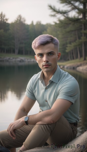 solo,looking at viewer,short hair,blue eyes,shirt,1boy,sitting,white shirt,short sleeves,grey hair,male focus,outdoors,collared shirt,belt,pants,water,blurry,tree,dress shirt,blurry background,facial hair,nature,beard,forest,watch,realistic,mustache,wristwatch,brown pants,old,old man,river,photo background,arm hair,closed mouth,day,artist name,blue shirt,stubble,lake,log