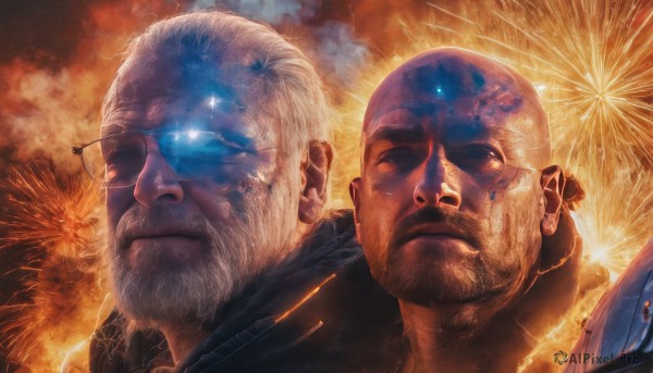 white hair,male focus,multiple boys,sky,signature,2boys,facial hair,scar,sunglasses,beard,scar on face,smoke,science fiction,realistic,mustache,bald,manly,explosion,old,fireworks,cyborg,old man,sparks,blue eyes,glasses,cloud,night,glowing,3boys,ground vehicle,motor vehicle,car,aerial fireworks