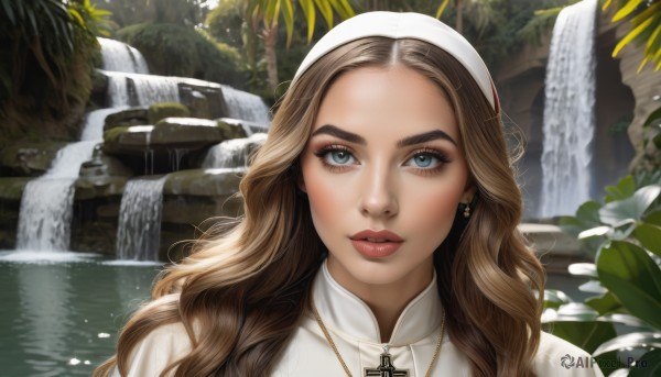 1girl,solo,long hair,looking at viewer,blue eyes,blonde hair,brown hair,jewelry,flower,hairband,earrings,outdoors,day,water,necklace,tree,lips,eyelashes,wavy hair,cross,plant,portrait,forehead,realistic,nose,nun,cross necklace,waterfall,bangs,hat,parted lips,teeth,makeup,leaf,thick eyebrows,nature,red lips,cross earrings