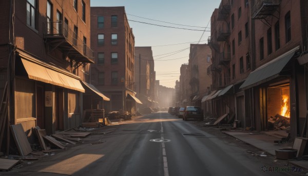 outdoors,sky,day,no humans,window,fire,ground vehicle,building,scenery,motor vehicle,sunset,city,sign,car,road,cityscape,ruins,house,power lines,lamppost,street,utility pole,trash can,air conditioner,truck,blue sky,sunlight