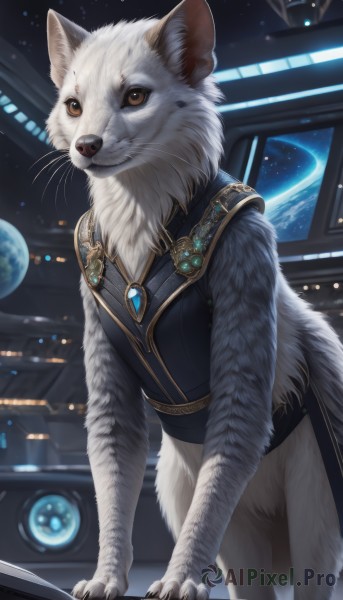 solo,brown eyes,jewelry,indoors,no humans,animal,cat,brooch,gem,star (sky),colored sclera,space,animal focus,white fur,planet,whiskers,earth (planet),animal ears,sky,artist name,window,claws,starry sky,realistic