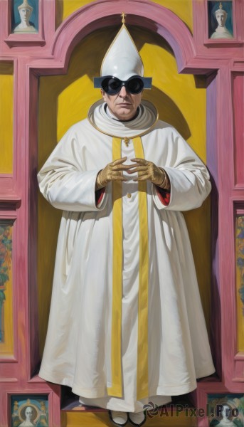 solo,looking at viewer,black hair,gloves,long sleeves,1boy,hat,closed mouth,standing,full body,male focus,indoors,facial hair,white headwear,sunglasses,own hands together,robe,tabard,white robe,priest,mitre,short hair,jewelry,wide sleeves,necklace,lips,scar,ring,cross,facing viewer,beard,scar on face,mustache