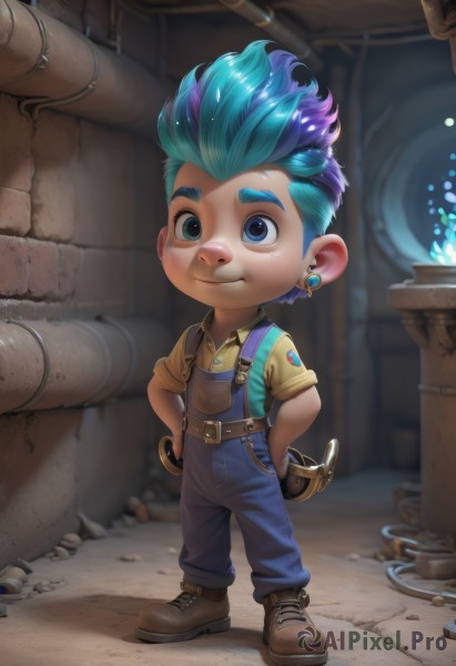 solo,looking at viewer,smile,short hair,blue eyes,shirt,1boy,jewelry,closed mouth,blue hair,standing,full body,weapon,purple hair,short sleeves,male focus,multicolored hair,earrings,boots,collared shirt,belt,pants,sword,artist name,blurry,two-tone hair,blurry background,brown footwear,suspenders,spiked hair,child,freckles,hands on hips,yellow shirt,hands in pockets,overalls,male child,wrench,industrial pipe,gloves,green hair,shoes,watermark,thick eyebrows,helmet,aged down,goggles,web address,headwear removed