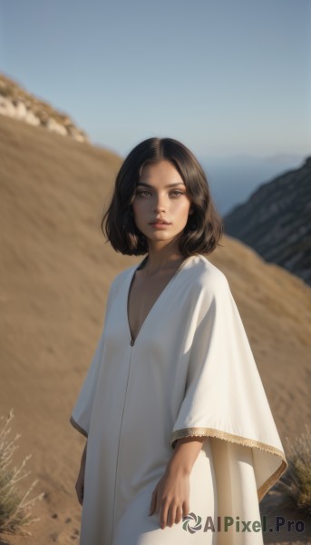 1girl,solo,looking at viewer,short hair,brown hair,black hair,long sleeves,dress,brown eyes,closed mouth,standing,cowboy shot,outdoors,parted lips,sky,day,wide sleeves,medium hair,white dress,blurry,flat chest,blue sky,lips,blurry background,robe,realistic,field,breasts,bangs,jewelry,collarbone,earrings,small breasts,artist name,signature,dark skin,dark-skinned female,parted bangs,depth of field,forehead,nose,arms at sides,desert