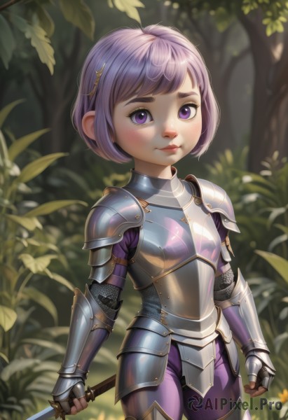 1girl,solo,looking at viewer,blush,smile,short hair,bangs,hair ornament,gloves,holding,closed mouth,standing,purple eyes,weapon,purple hair,cowboy shot,outdoors,hairclip,shiny,sword,artist name,fingerless gloves,holding weapon,armor,blurry,tree,lips,blurry background,holding sword,thick eyebrows,knife,shoulder armor,gauntlets,child,nature,forest,freckles,pauldrons,breastplate,female child,faulds,chainmail,plate armor,flower,leaf,plant,realistic