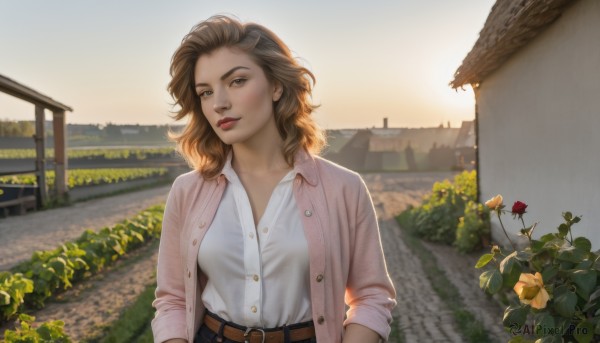 1girl,solo,long hair,breasts,looking at viewer,smile,brown hair,shirt,brown eyes,medium breasts,jacket,white shirt,upper body,flower,outdoors,parted lips,open clothes,day,collared shirt,belt,pants,medium hair,lips,buttons,rose,wavy hair,cardigan,plant,denim,red flower,building,jeans,realistic,brown belt,sky,teeth,blurry,dress shirt,sunlight,sleeves rolled up,backlighting,sunset,yellow flower,sun,unbuttoned,pink jacket,garden