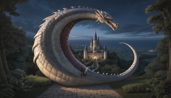 A dragon framed by the beauty of a lush fiery outdoors