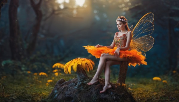 1girl,solo,long hair,skirt,brown hair,black hair,hair ornament,dress,bare shoulders,jewelry,sitting,flower,outdoors,wings,barefoot,pointy ears,hair flower,nail polish,blurry,feet,tree,lips,depth of field,blurry background,crossed legs,grass,nature,forest,realistic,fairy wings,fairy,butterfly wings,tree stump,scenery,head wreath