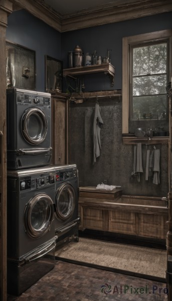 day,indoors,tree,no humans,window,bottle,scenery,wooden floor,door,kitchen,frying pan,still life,sink,spatula,faucet,cabinet,stove,washing machine,solo,towel,basket,shelf,laundry