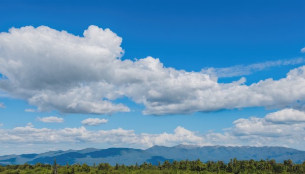 outdoors,sky,day,cloud,tree,blue sky,no humans,cloudy sky,grass,nature,scenery,forest,mountain,field,landscape,mountainous horizon,hill,cumulonimbus cloud,summer