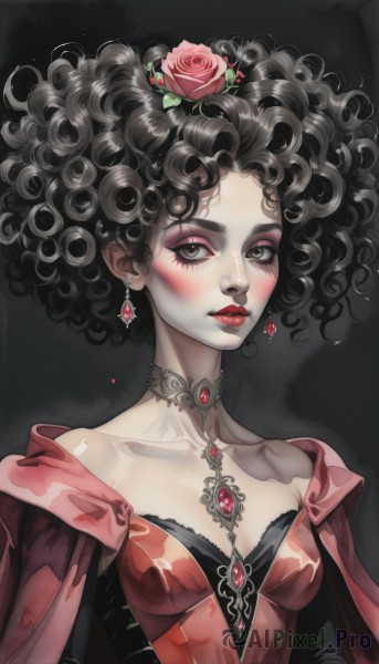 1girl,solo,breasts,looking at viewer,blush,short hair,simple background,black hair,hair ornament,dress,cleavage,bare shoulders,jewelry,medium breasts,collarbone,upper body,flower,earrings,small breasts,parted lips,choker,signature,hair flower,necklace,cape,black eyes,lips,eyelashes,makeup,rose,red dress,lipstick,black background,red flower,gem,eyeshadow,curly hair,red rose,red lips,afro,grey eyes,pale skin