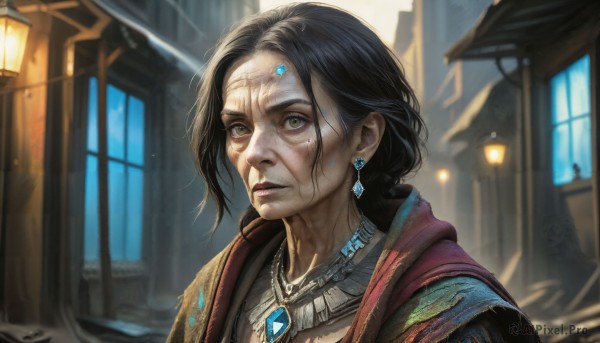 HQ,1girl,solo,long hair,looking at viewer,black hair,brown eyes,jewelry,upper body,earrings,outdoors,parted lips,solo focus,indoors,necklace,blurry,lips,window,blurry background,scar,building,gem,third eye,portrait,lantern,realistic,nose,dirty face,old woman,yellow eyes,torn clothes,facepaint,dirty