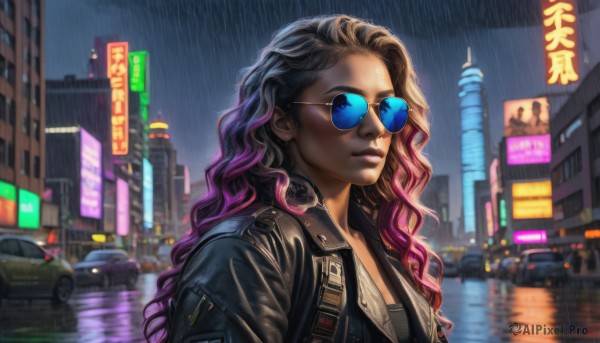 1girl,solo,long hair,looking at viewer,blue eyes,shirt,black hair,jacket,upper body,pink hair,purple hair,multicolored hair,outdoors,open clothes,glasses,dark skin,blurry,two-tone hair,open jacket,dark-skinned female,lips,black jacket,wet,gradient hair,night,wavy hair,sunglasses,ground vehicle,building,motor vehicle,reflection,rain,city,realistic,nose,car,leather,tinted eyewear,leather jacket,cyberpunk,aviator sunglasses,blue-tinted eyewear,brown hair,makeup,cityscape,skyscraper,neon lights