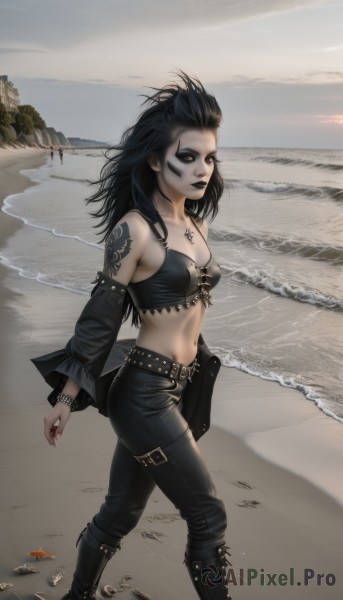 1girl,solo,long hair,breasts,looking at viewer,black hair,navel,cleavage,bare shoulders,brown eyes,jewelry,medium breasts,standing,yellow eyes,boots,outdoors,detached sleeves,sky,midriff,belt,pants,water,necklace,bag,nail polish,black footwear,bracelet,from side,lips,crop top,tattoo,makeup,ocean,beach,black pants,knee boots,cross,lipstick,pale skin,black nails,buckle,cross-laced footwear,colored sclera,walking,belt buckle,sand,black sclera,lace-up boots,arm tattoo,leather,cross necklace,gothic,black lips,inverted cross,leather pants,cloud,sunset,horizon,facial tattoo,waves,starfish,shore,footprints