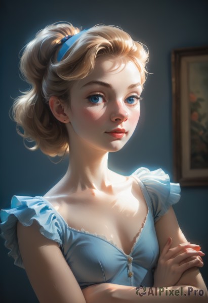 1girl,solo,breasts,looking at viewer,blush,smile,blue eyes,blonde hair,dress,cleavage,jewelry,collarbone,upper body,ponytail,hairband,earrings,small breasts,frills,parted lips,sleeveless,indoors,nail polish,blurry,lips,fingernails,eyelashes,crossed arms,red nails,freckles,realistic,nose,stud earrings,blue hairband,long hair,hair ornament,closed mouth,blue dress,frilled sleeves,red lips,hair pulled back