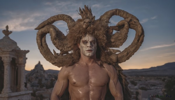 solo,looking at viewer,brown hair,1boy,closed mouth,nipples,upper body,male focus,outdoors,sky,cloud,blurry,muscular,facial hair,abs,pectorals,muscular male,mountain,snake,realistic,statue,nude,horns,artist name,blurry background,scar,facing viewer,beard,large pectorals,sunset,chest hair,pillar