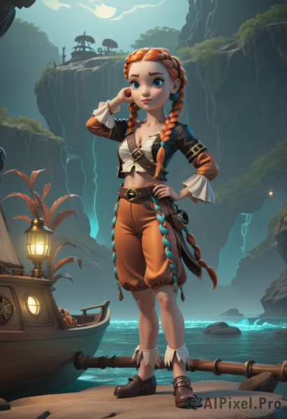 1girl,solo,long hair,breasts,looking at viewer,smile,blue eyes,long sleeves,navel,cleavage,jewelry,standing,full body,braid,red hair,small breasts,outdoors,parted lips,shorts,midriff,belt,water,orange hair,twin braids,lips,hand on hip,child,freckles,pouch,lantern,rock,watercraft,ship,boat,cliff,shirt,medium breasts,earrings,boots,shoes,pants,hand up,crop top,makeup,night,ocean,brown footwear,waterfall