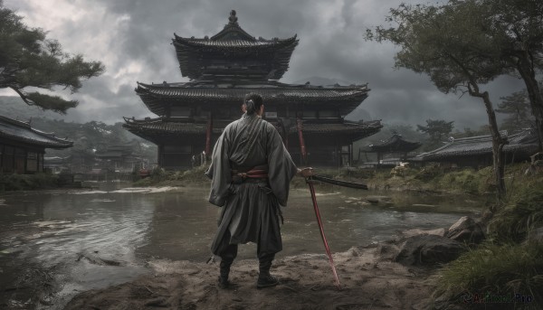 solo,black hair,long sleeves,1boy,holding,standing,weapon,male focus,outdoors,japanese clothes,sky,sword,cloud,kimono,water,from behind,holding weapon,tree,sash,holding sword,katana,cloudy sky,grass,building,scenery,rock,architecture,bridge,east asian architecture,river,grey sky,samurai,pants,wide sleeves,black pants,sheath,bush