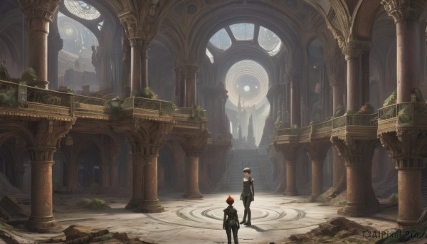 short hair,brown hair,shirt,gloves,long sleeves,1boy,standing,jacket,male focus,red hair,outdoors,multiple boys,black gloves,pants,2boys,from behind,black footwear,tree,black jacket,black pants,building,scenery,facing away,architecture,ruins,wide shot,pillar,statue,arch,column,hat,formal,suit,stairs,bridge