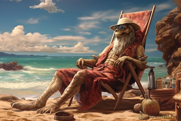 solo,shirt,1boy,hat,sitting,full body,white hair,male focus,outdoors,open clothes,sky,glasses,day,cloud,water,blue sky,open shirt,facial hair,ocean,chair,beach,abs,sunglasses,bottle,claws,beard,furry,rock,sand,old,shell,old man,goggles,flag,scales,banner,turtle