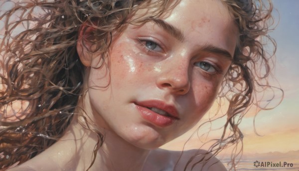 1girl,solo,long hair,looking at viewer,blue eyes,brown hair,outdoors,parted lips,sky,teeth,water,lips,grey eyes,wavy hair,sunlight,messy hair,portrait,close-up,freckles,realistic,nose,red lips,blue sky,eyelashes,floating hair,thick eyebrows,wind,sunset,mole on cheek